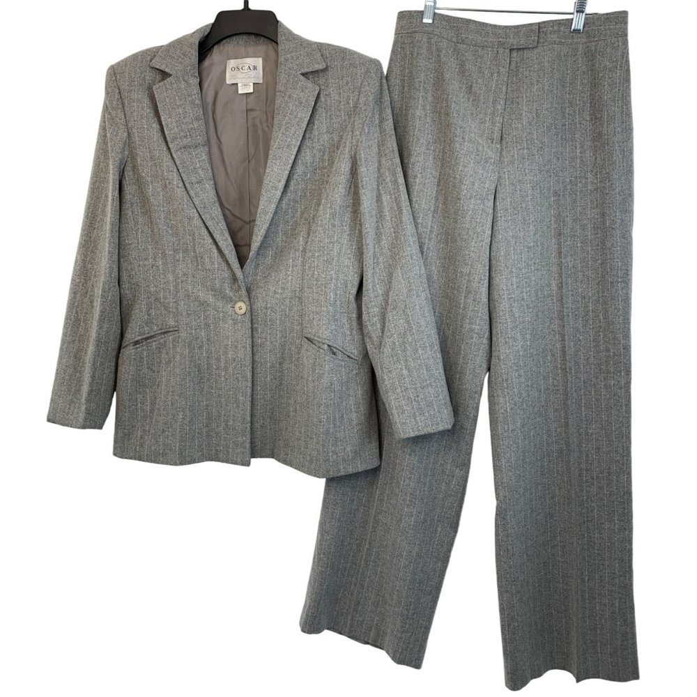70s VTG Sz 12 Oscar De La Renta Pant Suit Wool Flannel Chalkstripe Wide Leg 6722